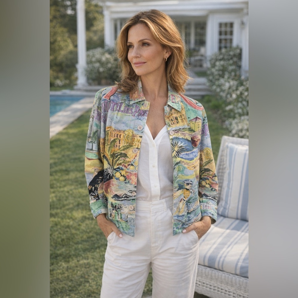 Vintage Keren Hart Jacket Sz M HOTEL DES PINS Resort Print Cotton Bold Artwear